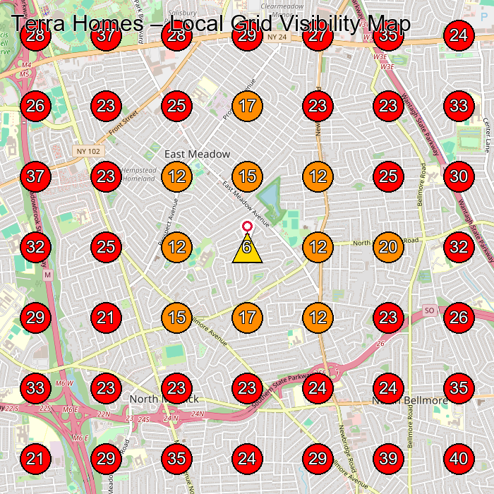 Terra Homes GeoGrid visibility map for General Contractor in Levittown